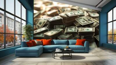 A large, scattered pile of hundred-dollar bills, symbolizing wealth, abundance, and financial success, captured in high resolution. Wall mural