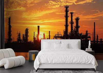 A refinery, its towers silhouetted against the sunset, is a symbol of both progress and promise. ai generated. Wall mural