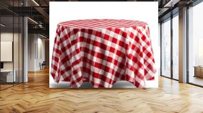 A vibrant red and white checkered tablecloth draped elegantly over a round table, perfect for outdoor picnics and gatherings. Wall mural