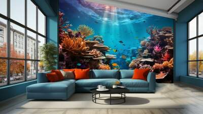 A vibrant underwater scene unfolds in the Great Barrier Reef, a spectacle of color and life that is both awe-inspiring and unforgettable. ai generated. Wall mural