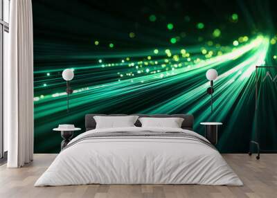 Abstract green light trails and particles creating a dynamic, futuristic design. Suitable for technology, speed, and innovation concepts. Wall mural