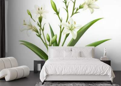 Beautiful white lily flowers with lush green leaves, perfect for nature-themed projects and botanical illustrations. Wall mural