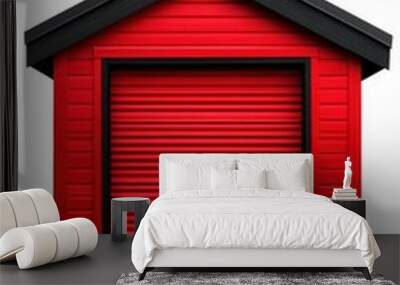 Bright red garage with a stylish roof and a rolling door, perfect for storage and workshop needs. Wall mural