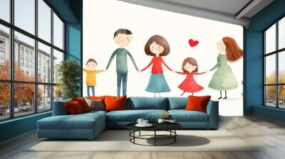 Charming watercolor illustration of a happy family holding hands, showing love and unity, surrounded by blooming heart-shaped flowers. Wall mural