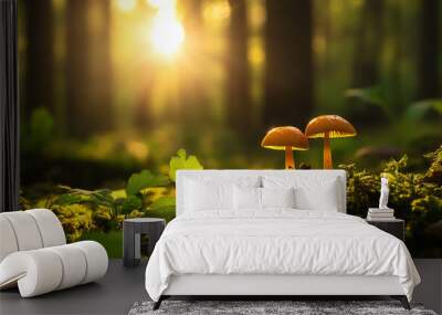 Close-up of two orange mushrooms on forest floor with sunlit background, highlighting the serenity and beauty of nature. Wall mural