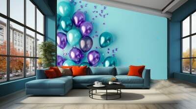 Colorful teal and purple balloons with confetti on a vibrant blue background, perfect for celebrations and festive event themes. Wall mural