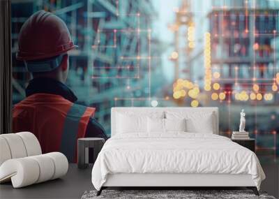 Construction engineer with tablet overseeing a futuristic development site, integrating technology and innovation in urban construction. Wall mural