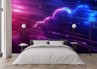 Futuristic neon cloud with pink and blue light streaks, creating an ethereal and vibrant digital abstract landscape. Wall mural