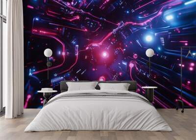 Futuristic neon-lit circuit board, a digital matrix with vibrant blue and pink lights, representing advanced technology and innovation. Wall mural