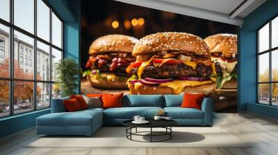 gourmet burgers with grilled beef, cheese, fresh ingredients, soft studio light. ai generated. Wall mural