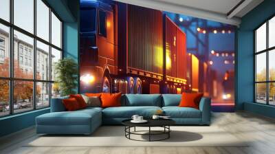 Night-time logistics scene featuring semi-trucks transporting shipping containers with industrial lights in the background. Wall mural