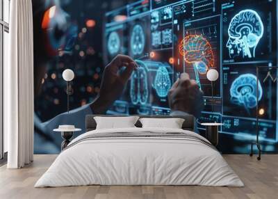 Scientist analyzing brain scans on futuristic digital screens, showcasing advanced medical technology and innovation in neuroscience research. Wall mural