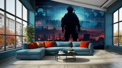 soldier with tactical military HUD and battlefield scenarios Wall mural