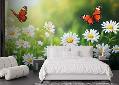 Two butterflies are flying over a field of white flowers Wall mural