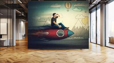 Amazed guy flying on a fast rocket looking hand to forehead looking far away for a vacation destination. Excited man searching for summer holiday. Starting new adventure. Wall mural