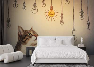 Curious and pensive, striped cat looking up attentive thinking of entertaining ideas as choosing a hanging glowing light bulb from others are switched off. Wall mural