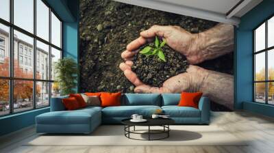 Gardener hands holding fertile soil with grown green seedling. Environment concept. Bio farming, global eco food supply issue. Agriculture problems after drought season. Hunger and malnutrition Wall mural