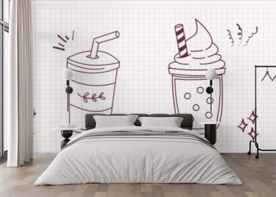 Bubble Boba milk tea, Pearl milk tea, Yummy drinks, coffees and soft drinks doodle style. Cute vector illustration of hot and iced coffee to go cup hand drawn set Wall mural