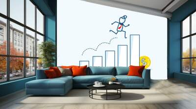 businessman stick figure character jumps up on graph. Economic business growth, career development, profits, and successful investing concept . hand drawn style vector doodle illustration Wall mural