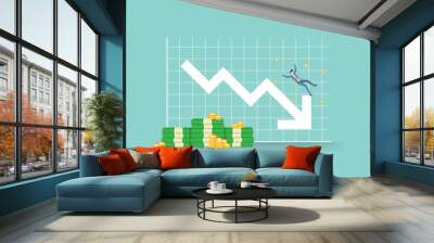 finance crisis concept with business man character. money fall down with arrow decrease symbol. economy business stretching global lost bankrupt. cost declining reduction or loss of income profit Wall mural