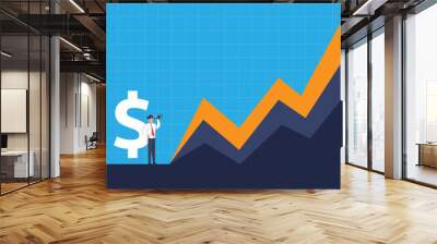 Finance performance concept. business profit increase with growth up arrow and people character. income salary rate grow margin revenue with dollar symbol. return on investment ROI vector illustration Wall mural