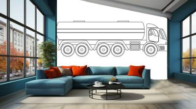 Gas, oil, fuel container Line truck illustration on white background. Isolated transportation gasoline tanker truck car. commercial vehicle flat vector. Coloring Page Book Cartoon for Kids Wall mural