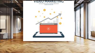 Media marketing concept. Making money from video with social network. Digital advertising promotion strategy. online vlog content flat vector banner illustration with graph and monitor PC screen Wall mural