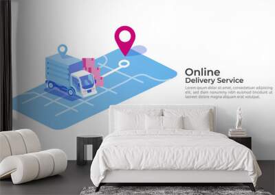 Online delivery service transportation illustration concept with warehouse parcel packages and map pin. order tracking, car, logistic cargo via Internet mobile phone or cellphone for landing page Wall mural