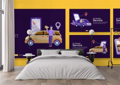 online taxi or rent transportation using smartphone service application with character and route points location on gps map for landing page banner, web, UI, flyer. Car sharing illustration bundle set Wall mural