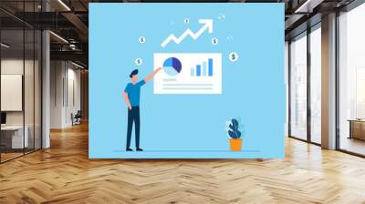 salary rate increase with growth up arrow and people character. business profit grow or income margin management revenue. Finance statistic performance of return on investment ROI illustration concept Wall mural