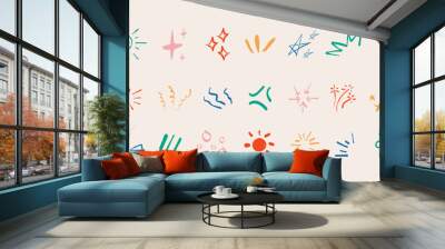 sparkle doodle hand draw set. hand drawn starburst shine. line explosion circles and spark elements. fireworks or cartoon confetti splatter vector isolated background Wall mural