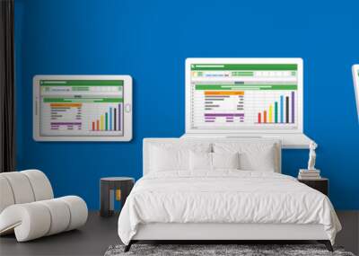 Spreadsheet on Laptop tablet screen icon. Financial accounting report concept. office things for planning and accounting, analysis, audit, project management, marketing, research vector illustration Wall mural