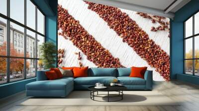 Grains of red millet lined with two stripes on a white background. Close-up Wall mural