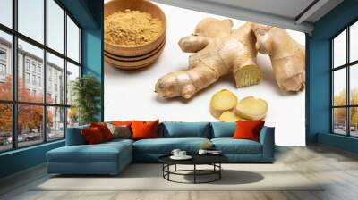 Raw ginger root. Dry ginger powder in bowl. Wall mural