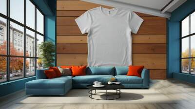 white t shirt blank mockup on woody background. Dual side mockup. Front side and backside blak space.	 Wall mural