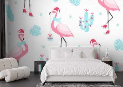 Christmas pattern with cute flamingo on skates. Wall mural