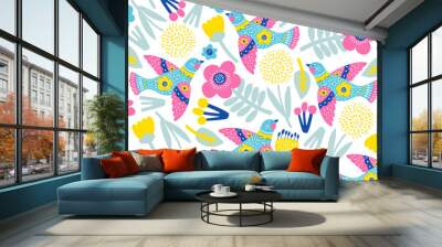 Seamless pattern with flowers and birds. Vector Wall mural