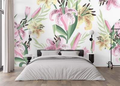 Seamless pattern with pink and yellow lily. Vector illustration Wall mural