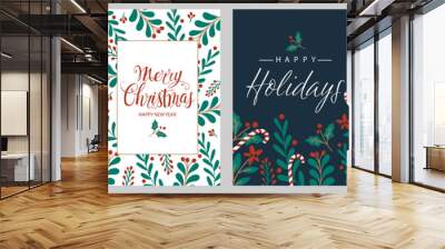 Set Christmas cards with Christmas tree, wreath, christmas decorations. Vector Wall mural