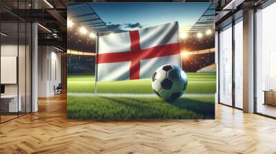 Soccer ball with England flag on a football field, Generative ai Wall mural