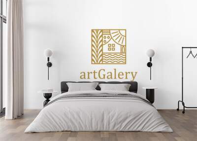 Art galery frame border pattern logo design luxury gold line style roof house Wall mural