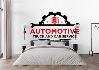 Automotive industry logo with piston gear and wrench elements, workshop garage illustration. Wall mural