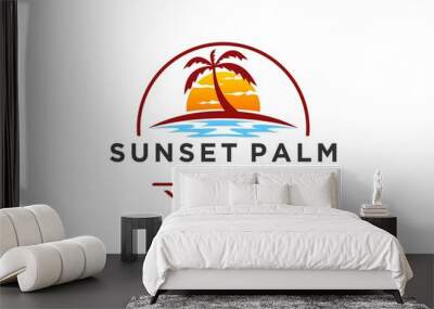 Beach island logo with palm coconut tree and sunset icon design water wave sea Wall mural