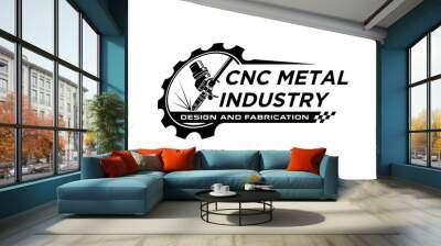 Computer Numerical Control Machine CNC logo design, metal work industry with gear and spark light welding illustration. Wall mural