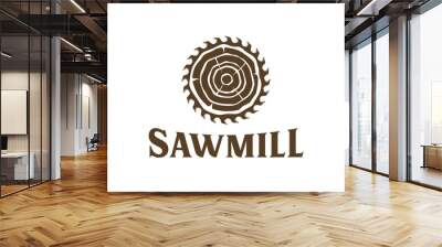 Logo illustration of a circular saw in the middle of a wooden log symbol, woodworking sawmill industry, cutting down trees and branches, stump removal service. Wall mural