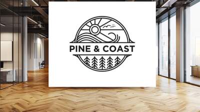 Pine tree coast beach logo design line style emblem badge Wall mural