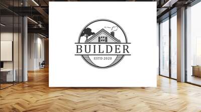 Property logo house design minimalist, vintage style emblem. real estate icon. window and roof element. Wall mural