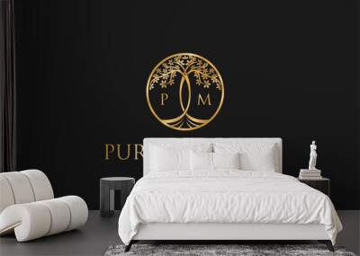 Tree logo gold luxury medical, beauty wellness yoga salon, yoga studio, nature tree eco, leaf logo. Wall mural