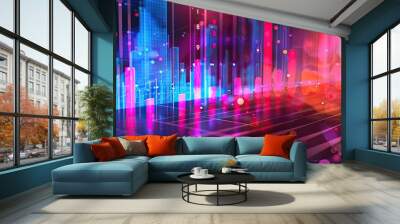 A glowing blue and pink city with a grid of bright lights. Wall mural