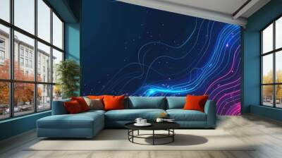 Abstract colorful technology background featuring flowing lines and dots on a dark blue backdrop, ideal for digital, tech, and design projects. Wall mural